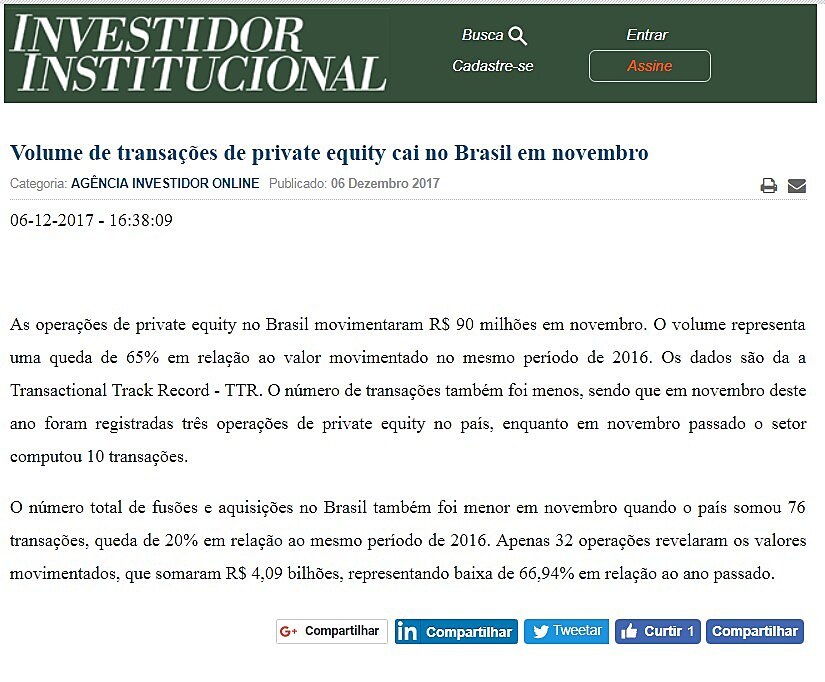 Volume de transaes de private equity cai no Brasil em novembro